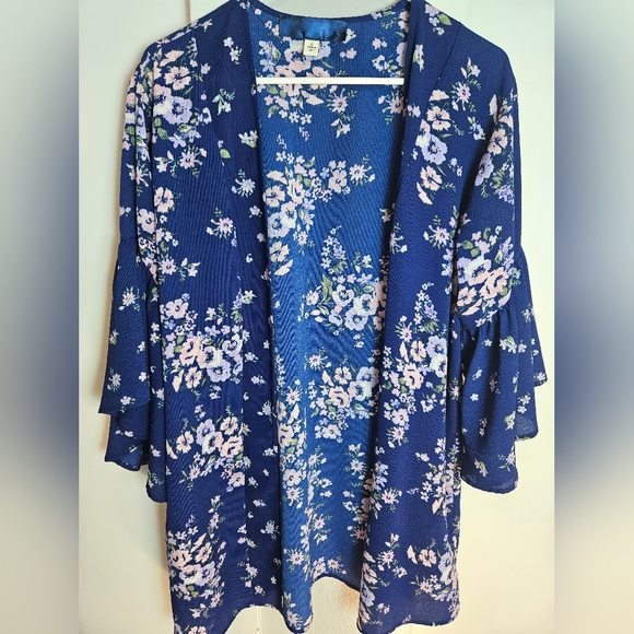 Blue Floral Kimono Cardigan with Bell Sleeves Size L - Picture 1 of 9